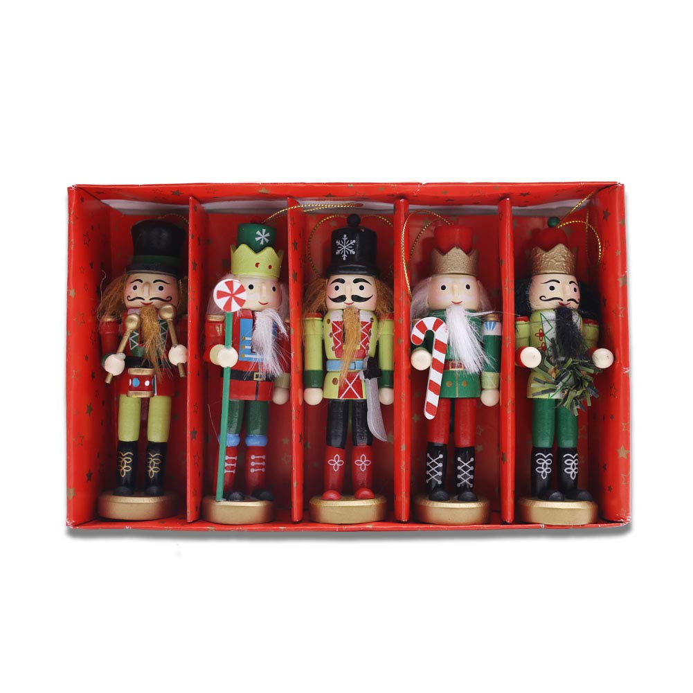Amor Christmas Nutcracker Ornaments Set, 5PCS Wooden Nutcracker Soldier Hanging Decorations for Christmas Tree Figures Puppet Toy Gifts