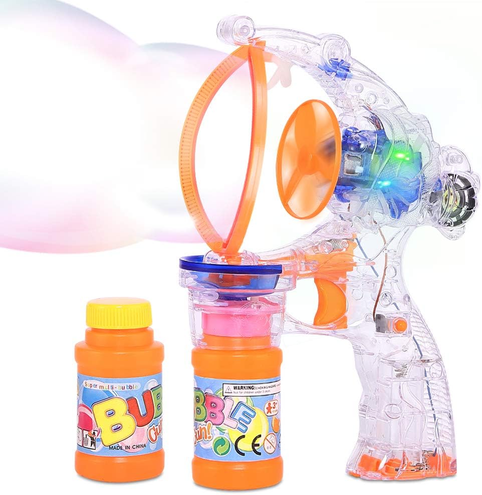 KKONES Bubble Gun Bubble Blower with LED Flashing Lights and Music, Bubble Toy for 1 2 3 4 5 Year Old Girls and Boys