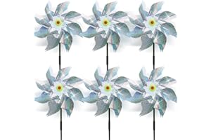 JYCPFLIT 6 Pieces Reflective Pinwheels, Sparkly Windmills for Garden Decor, Devices Scare Off Birds and Animals Away,Suitable for farms, gardens, orchards, balconies, patios (Silver)