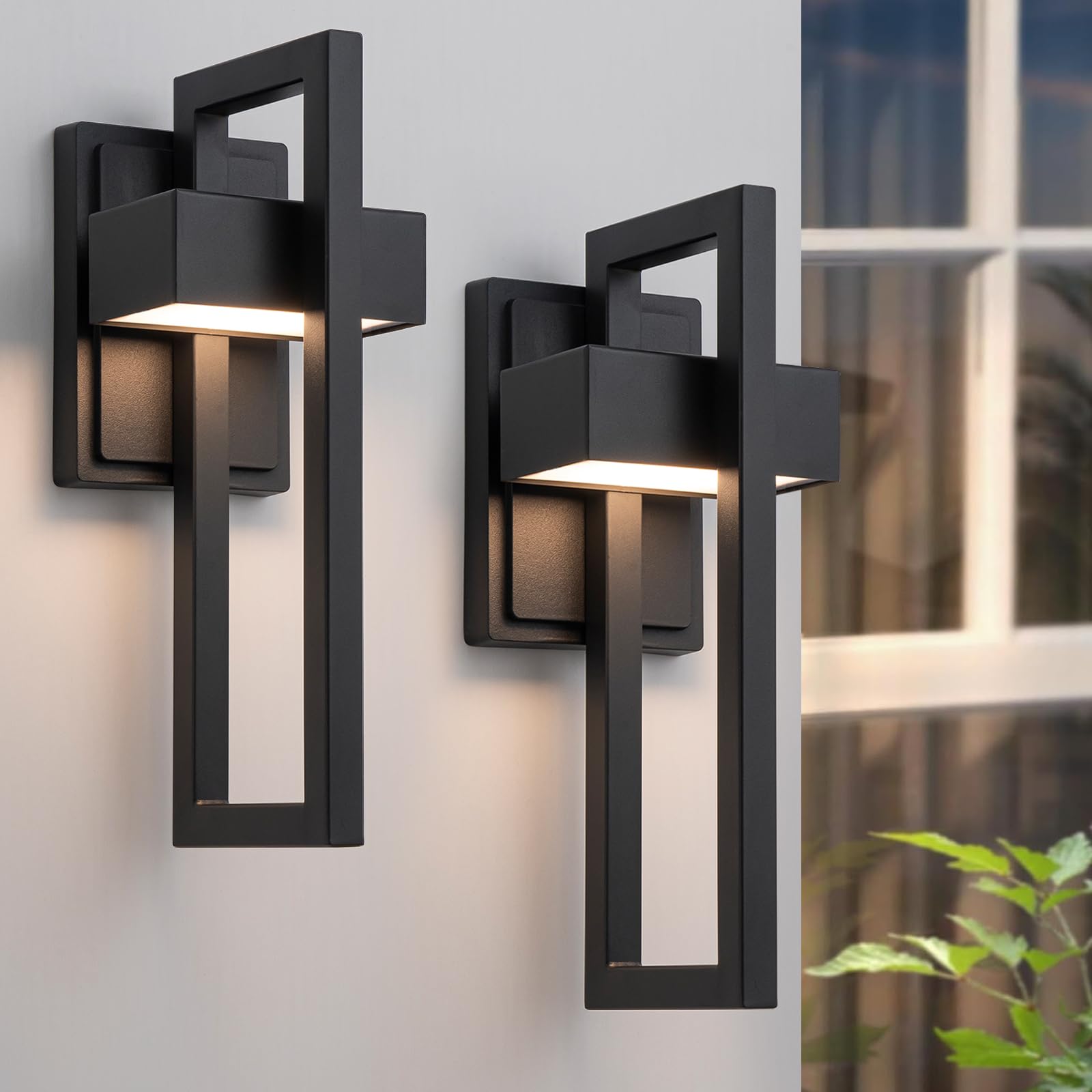Photo 1 of Easyusahome Outdoor Wall Lights Modern LED Exterior Lighting Fixtures, 3000K 15W Outdoor Wall Sconce for Porch, Matte Black Outside Wall Mount Lights for Front Door House Garage Indoor 2 Packs