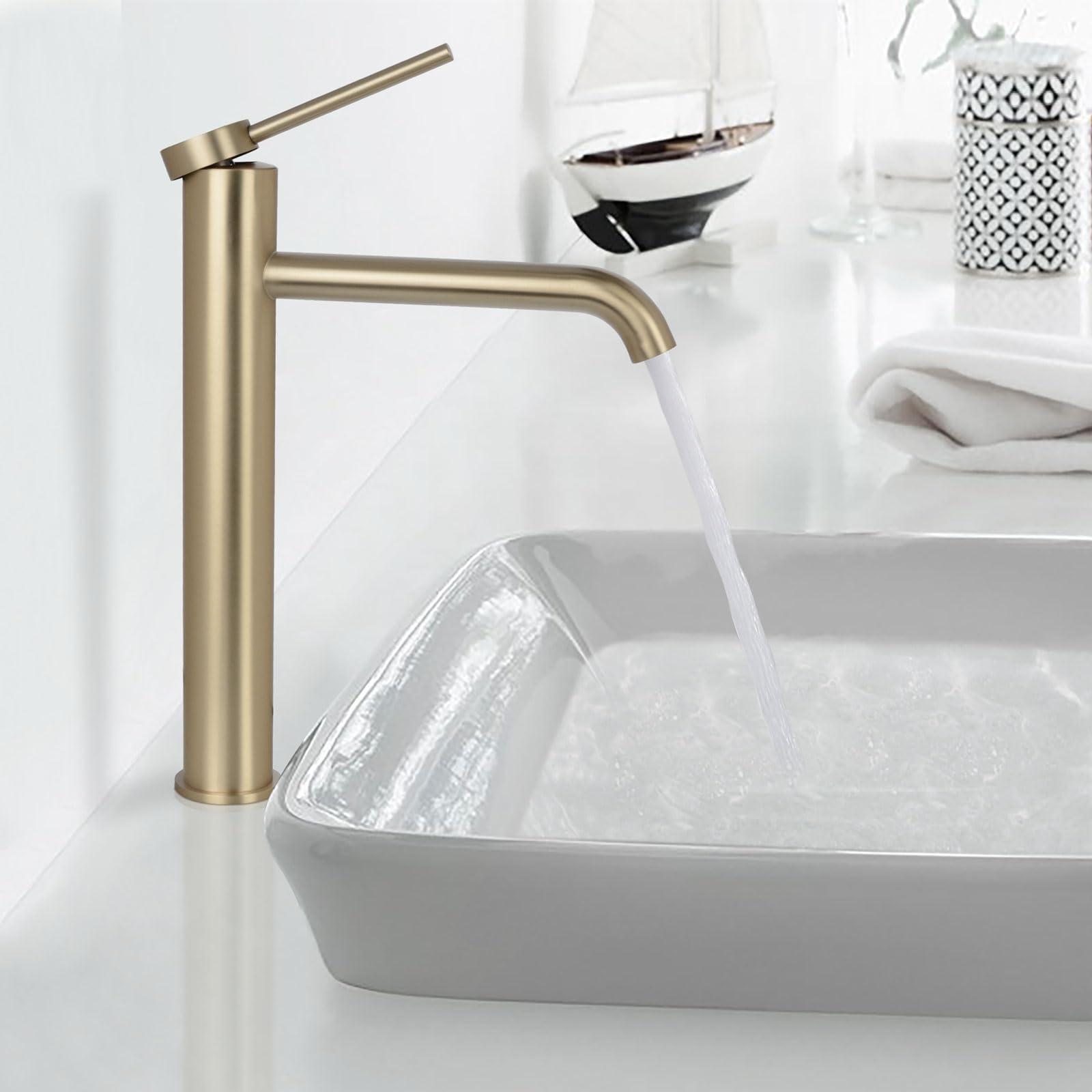 PHASAT Bathroom Sink Tap High Rise Basin Tap Single Lever Brushed Golden Mixer Faucet, Tall tap PTMP01LG