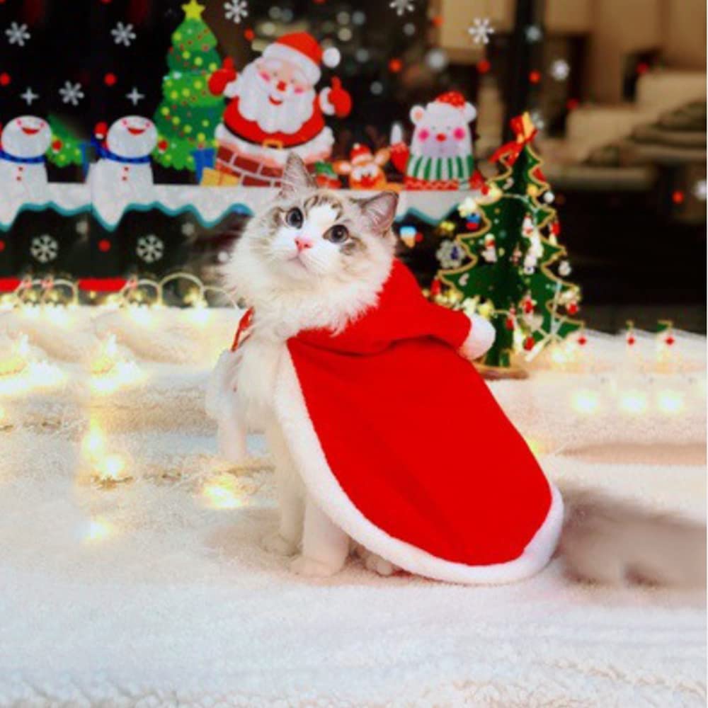 Pet Shawl Christmas Cat Cape Clothes Red Cape Hooded Cat Dress-up Party Cloth Cloak Coat New Year Christmas Costumes with Hat for Cats and Small Dogs