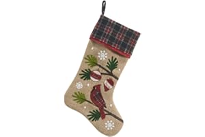 Comfy Hour Joyful Holiday Collection 18"x11" Christmas Winter Cardinal with Pine Tree Branch Ornament Snowflake Stocking, White and Gold, Jute