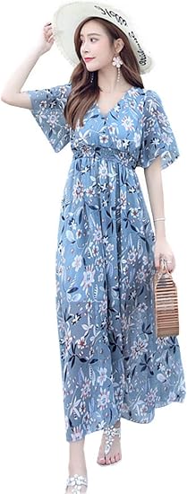 Amazon Yeenoke マキシワンピース リゾート 夏 花柄 フリル袖 Vネック レディース シフォン 夏ワンピ ボヘミア 着痩せ シンプル オシャレ 旅行 ワンピース チュニック 通販