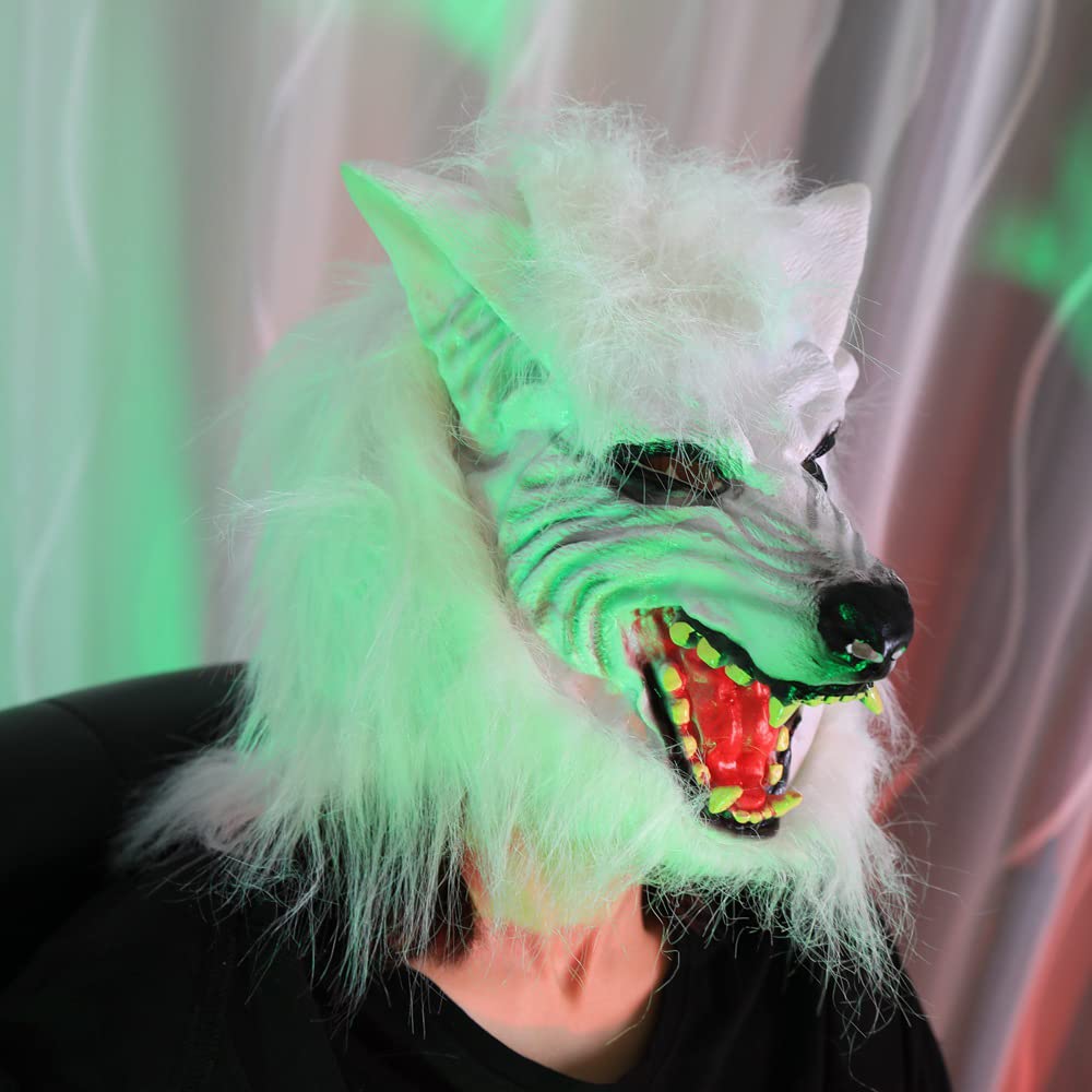 TOPOQ Halloween Wolf Head Mask Werewolf Mask for Adults Horror Scary Animal Head Mask Masquerade Mask Halloween Costume Mask Fancy Dress Cosplay Accessories Props (white wolf mask)