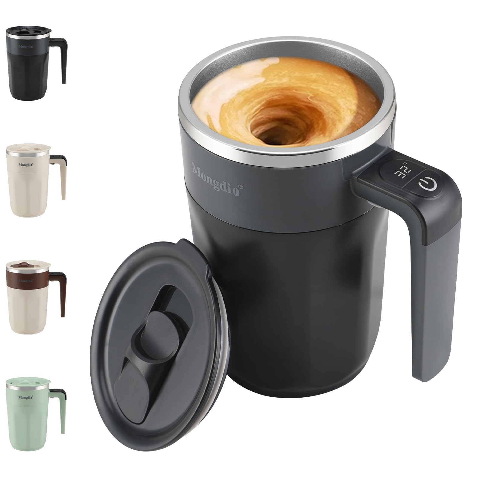 Photo 1 of Mongdio Self Stirring Coffee Mug with Temperature Display, Rechargeable Stirring Mug, Automatic Self Stirring Cup with Lid, For Coffee, Milk and Other Beverages, Black