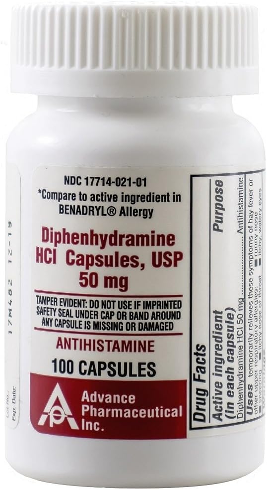 Diphenhydramine 50 mg 100 Capsules Generic Benadryl Allergy Medicine and Antihistamine