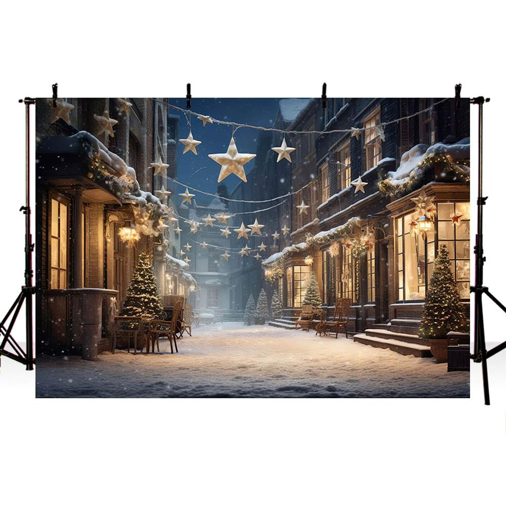AIBIIN 7x5ft Christmas City Street Photography Backdrop Winter Snow Golden Star Lights House Outdoor Xmas Tree Kids Portrait Photo Background Studio Props