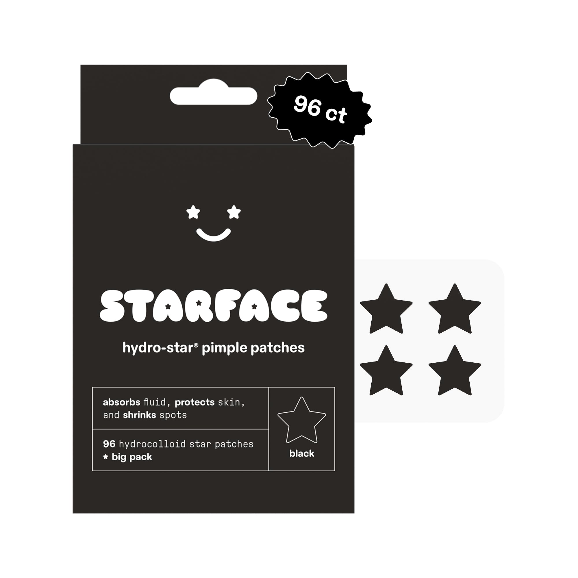 Starface Hydro-Star Black Pimple Patches BIG PACK, Hydrocolloid, Clinically Proven Spot Shrinking in 6 Hours, Absorb Fluid, Reduce Redness, Vegan, Cruelty-Free Skincare (96 Count)