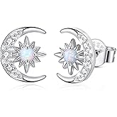 YZSFMZGE Moon and Star Earrings 925 Sterling Silver Opal Stud Earrings for Women - Hypoallergenic Sun and Crescent Moon Jewelry Gift for Sensitive Ears