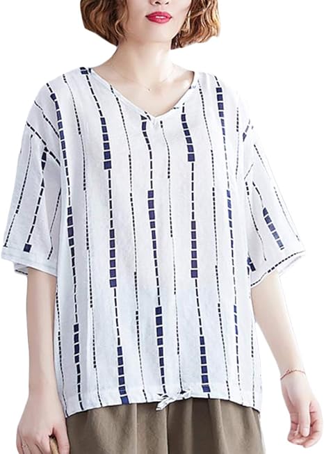 Amazon Shuming ブラウス レディース 半袖 ゆったり カットソー Vネック ストライプ柄 ファッション 綿 麻 Tシャツ カジュアル おしゃれ トップス 大きいサイズ 文芸風 夏 Freesize白 Tシャツ カットソー 通販