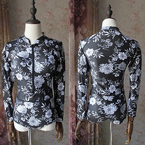 Women's Fashion Printing One Piece Long Sleeve Zip UV Protection Print Surfing Swimsuit Swimwear Bathing Suits (Medium, Black)