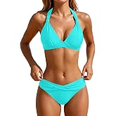 Halter Push Up Bikini Two Piece Criss Cross Swimsuit | Mid Rise; Full Lining; Wide underbust band for secure lift; Standard leg cut for easy movement