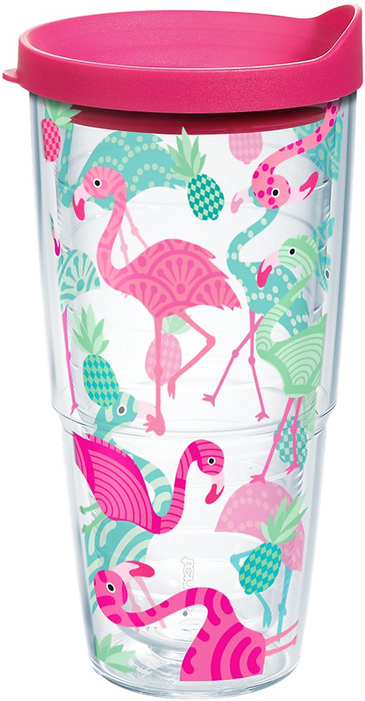 Tervis 1180119 Flamingo Pattern Insulated Tumbler with Wrap and Fuschia Lid, Tritan, Clear