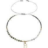 Frigotine Gold Beaded Natural Stone Initial Bracelets for Women, Boho Handmade Grey Black Personalized Turquoise Gemstone Beads Letter Name Adjustable Bracelet Bohemian Jewelry Gift