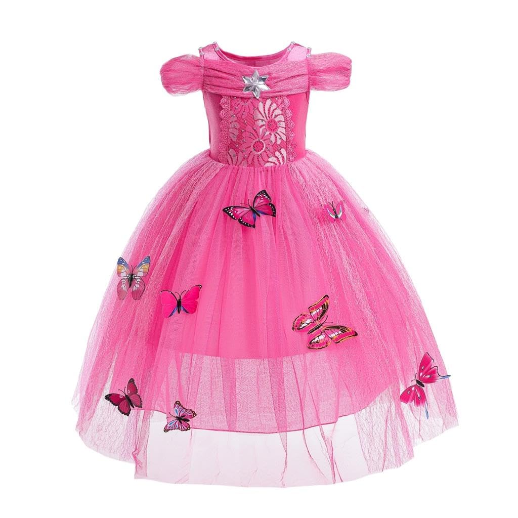 Lito Angels Hot Pink Princess Costume with Butterfly Kids Girls, Sleeping Beauty Aurora Fancy Dress Up Halloween Birthday Party Outfit, Age 4 Years