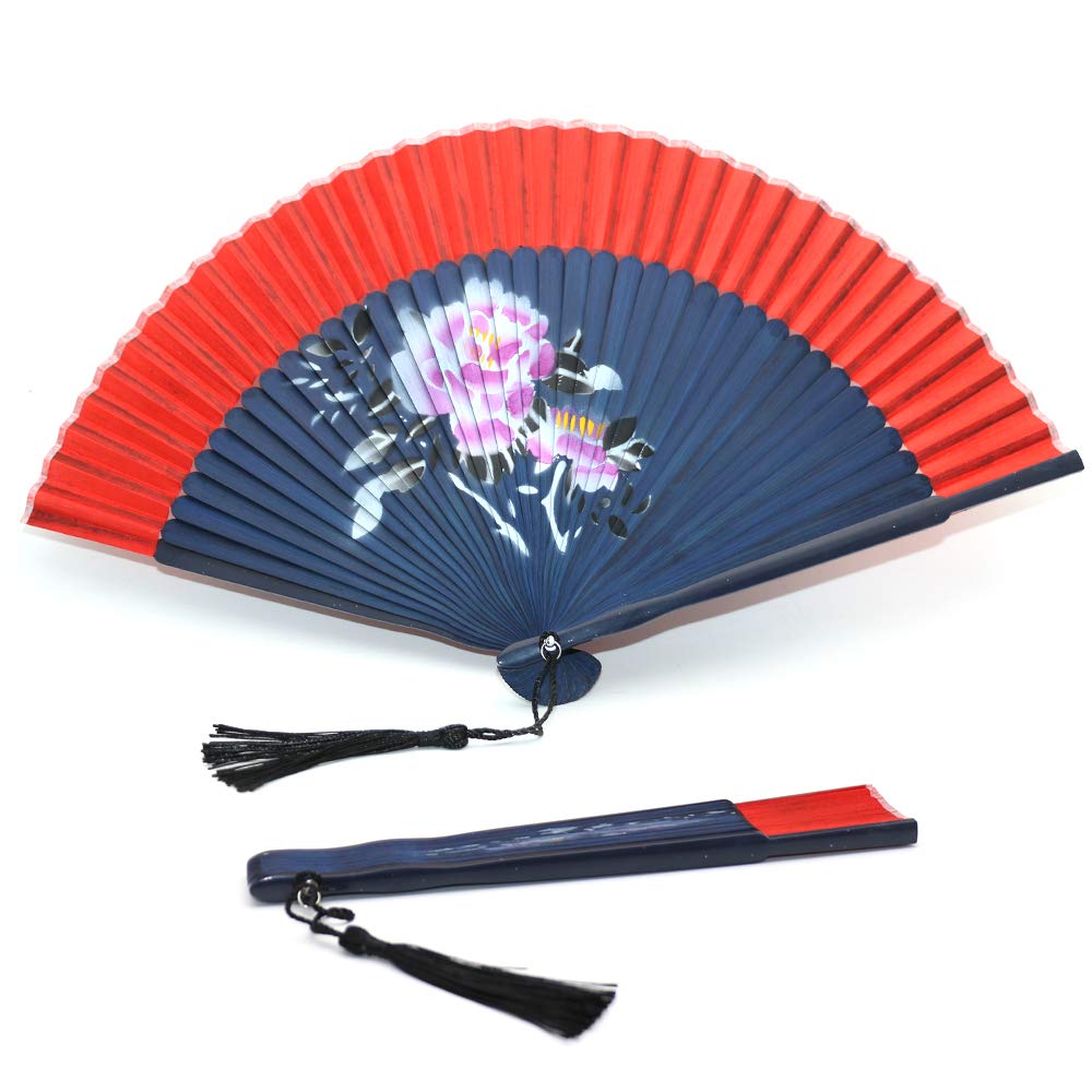 1SourceTek Silk Hand Held Fan 8.27 inches (21cm) Hand Fans for Women Folding, Hand Fan Folding With a Fabric Sleeve Protection for Gifts - Chinese Retro Style (Peony)