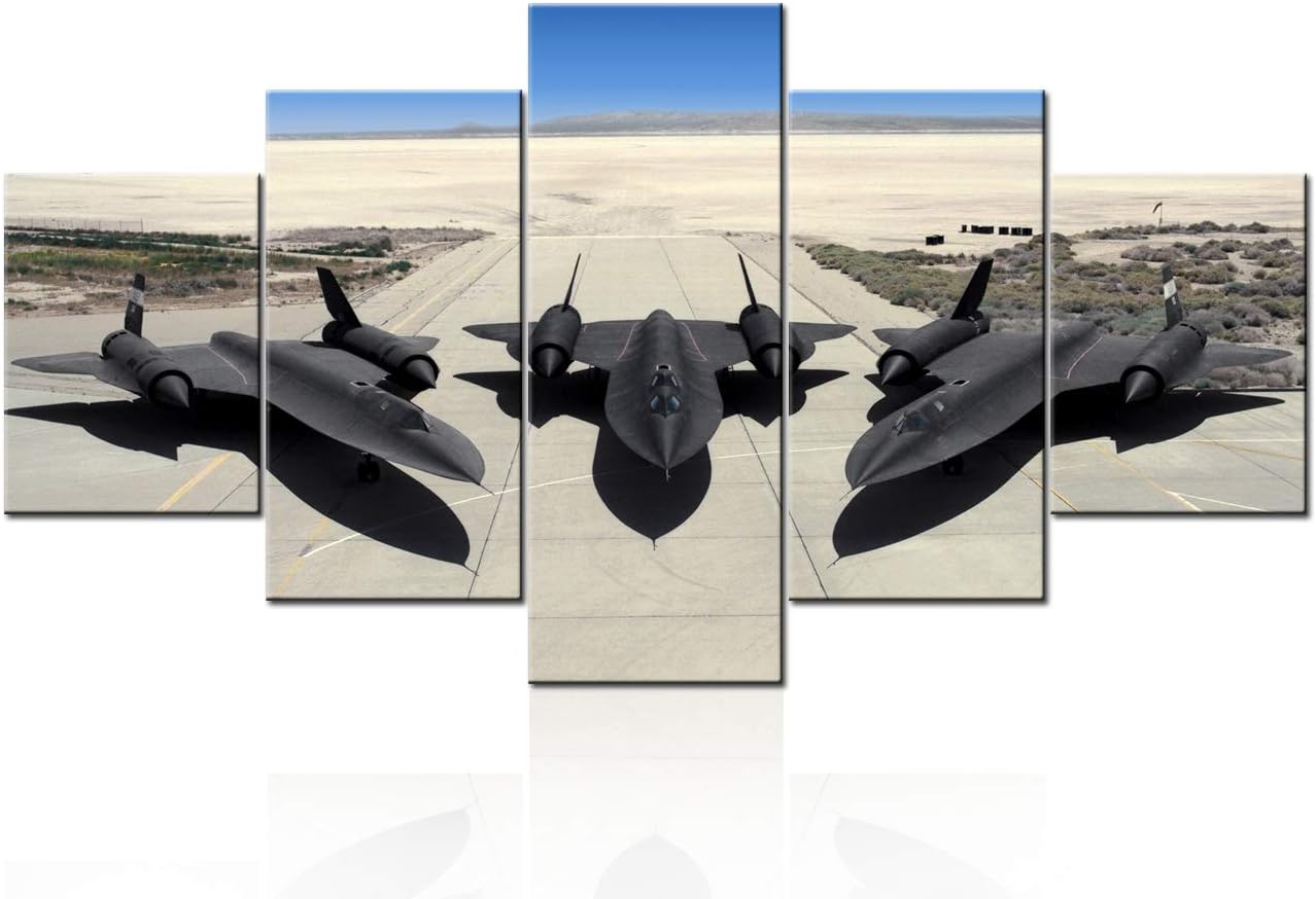 TUMOVO 5 Pieces Black and White Wall Art Large Turbine Fighter Aircraft on a Runway Antique Airplane Pictures Print on Canvas Modern Home Decor Framed for Office Ready to Hang - 60"W x 32"H
