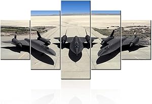 TUMOVO 5 Pieces Black and White Wall Art Large Turbine Fighter Aircraft on a Runway Antique Airplane Pictures Print on Canvas Modern Home Decor Framed for Office Ready to Hang - 60"W x 32"H