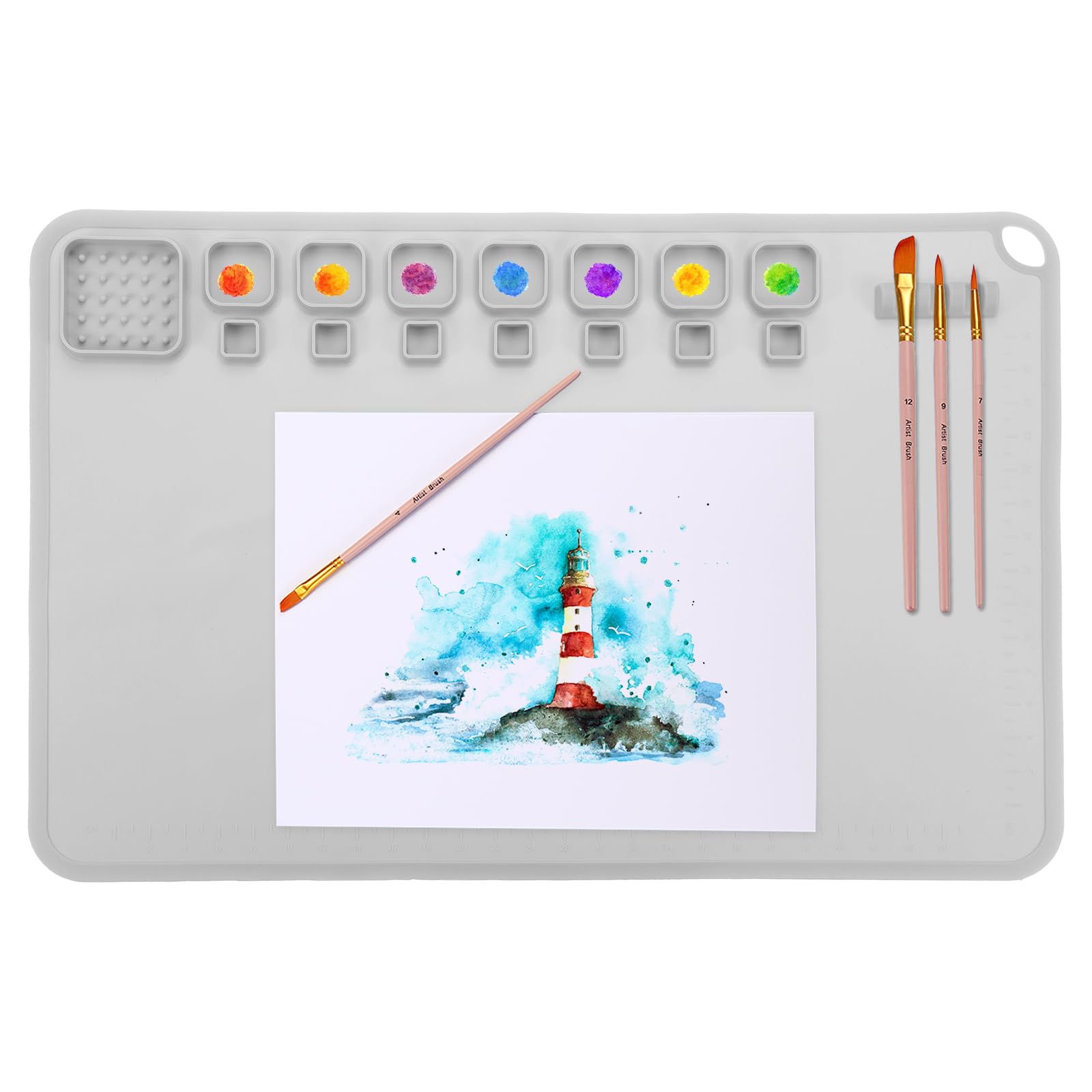 PATIKIL 24" x 16" Silicone Craft Mat, Nonstick Silicone Painting Sheets Art Mats for Resin Drawing DIY Clay, with 12 Color Dividers Brush Holder and Cleaning Cup, Gray