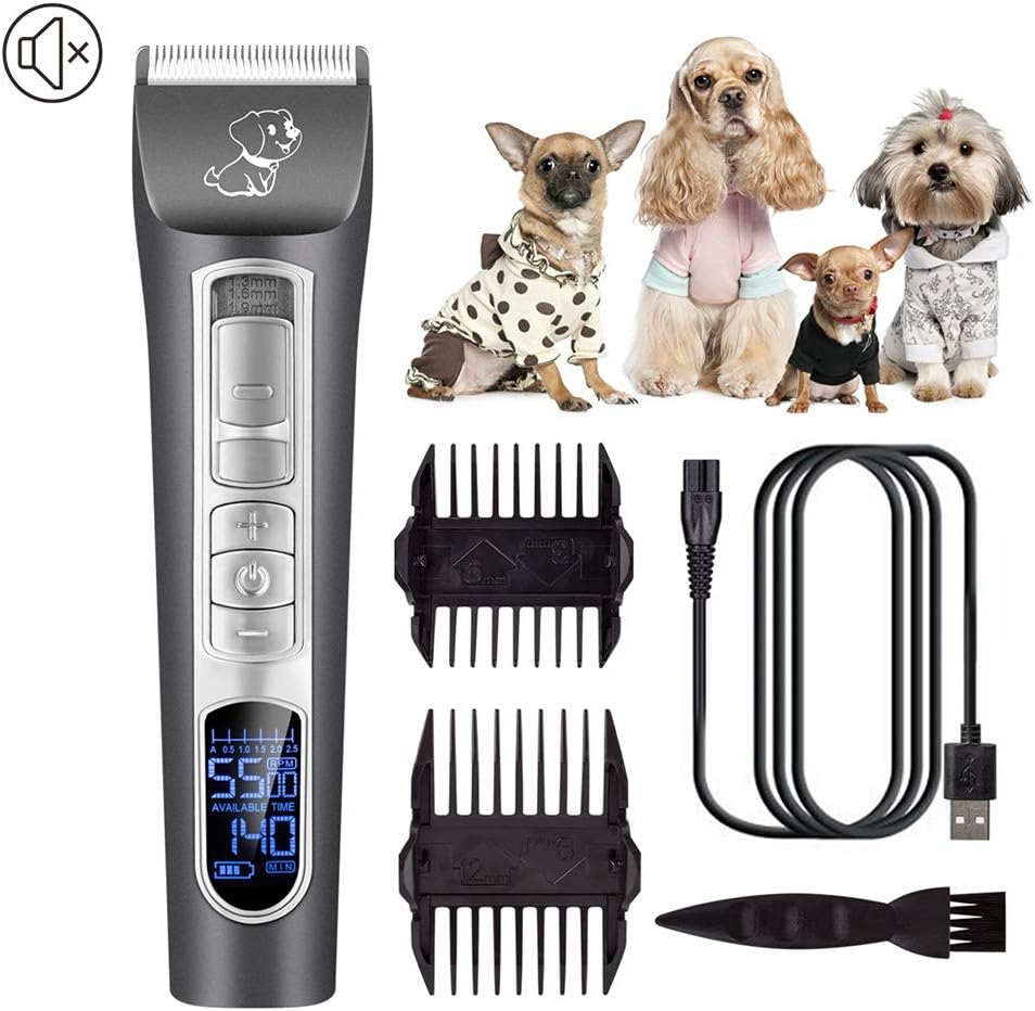 Pet Dog Grooming Kit Rechargeable with LCD Display, Cordless Dog Clipper with 5 Speeds Adjustment Cordless Electric Quiet Hair Clippers Set for Dogs Cats and Other Pets