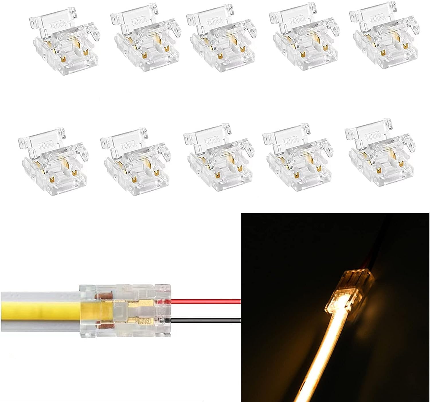 Amefil 2 Pin 10mm COB LED Strip Connectors, Gapless Solderless Extension Connection,Strip to Wire Quick Connection for Singel Color COB LED Strip