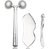 annrose 3-in-1 Stainless Steel Facial Massage Set, Face Roller, Gua Sha Tool, Eye Cream Applicator, Silver,Gifts for Women and Girl