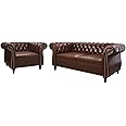 2 Piece Living Room Set, Chesterfield Leather Sofa Couch Chair with Scroll Arms and Nailhead for Living Room, Office (Dark Brown)