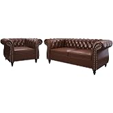 ORRD 2 Piece Living Room Set, Chesterfield Leather Sofa Couch Chair with Scroll Arms and Nailhead for Living Room, Office (Dark Brown)