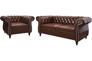 ORRD 2 Piece Living Room Set, Chesterfield Leather Sofa Couch Chair with Scroll Arms and Nailhead for Living Room, Office (Dark Brown)