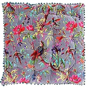 Riva Paoletti Paradise Filled Floor Cushion – Mink Purple – Colourful Bird Print – Faux Velvet Fabric – Pompom Edges – 100% Cotton – Hollowfibre Polyester Filling – 70 x 70cm (28″ x 28″ inches)