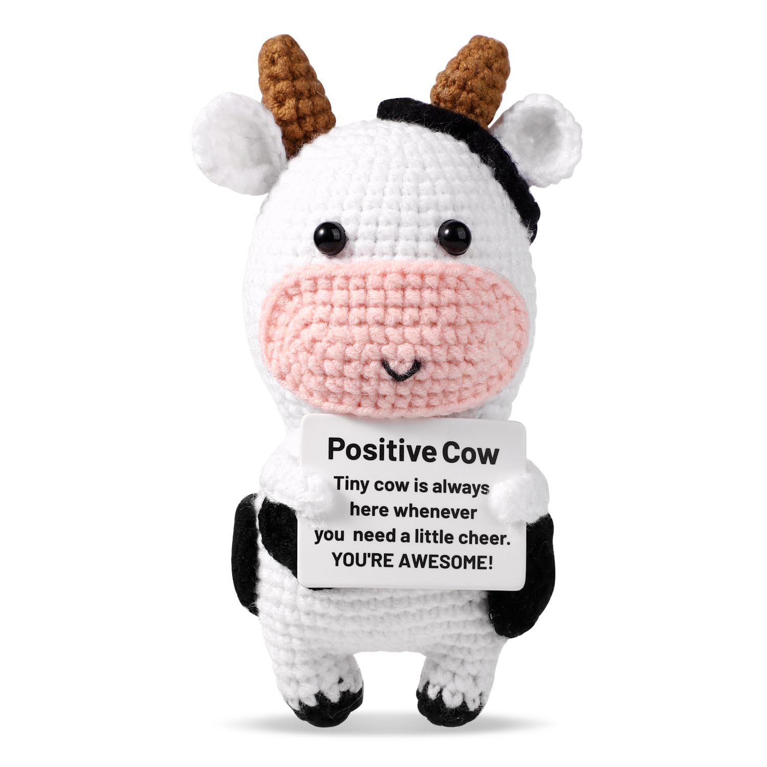 TOYMIS Positive Cow, Crochet Cow Plush, Knitted Wool Doll for Party Decorations, Encouragement Gifts