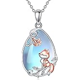 LUHE Moonstone Necklace 925 Sterling Silver Fox/Axolotl/Cat/Raccoon/Penguin/Frog/Panda/Highland Cow Pendant Necklace Animal Jewelry Gifts for Women