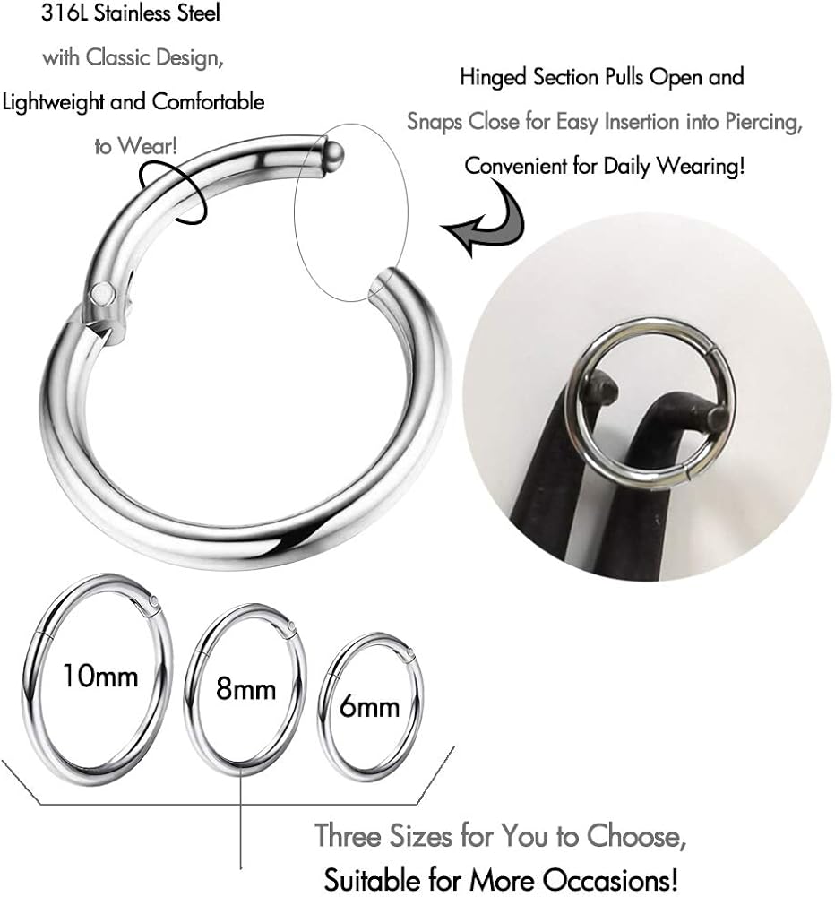 OUFER Cartilage Earring Hoop 16G Helix Earring Piercing 316L Surgical Steel Hinged Clicker Segment Septum Lip Nose Hoop Ring Helix Daith Cartilage Tragus Piercing Jewellery - Image 4