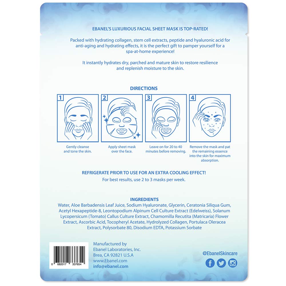 Ebanel 15 Pack Collagen Face Mask, Instant Brightening & Hydrating Face Sheet Mask with Aloe Vera, Hyaluronic Acid, Vitamin C and E, Chamomile, Anti Aging Face Mask with Hydrolyzed Collagen, Peptide : Beauty