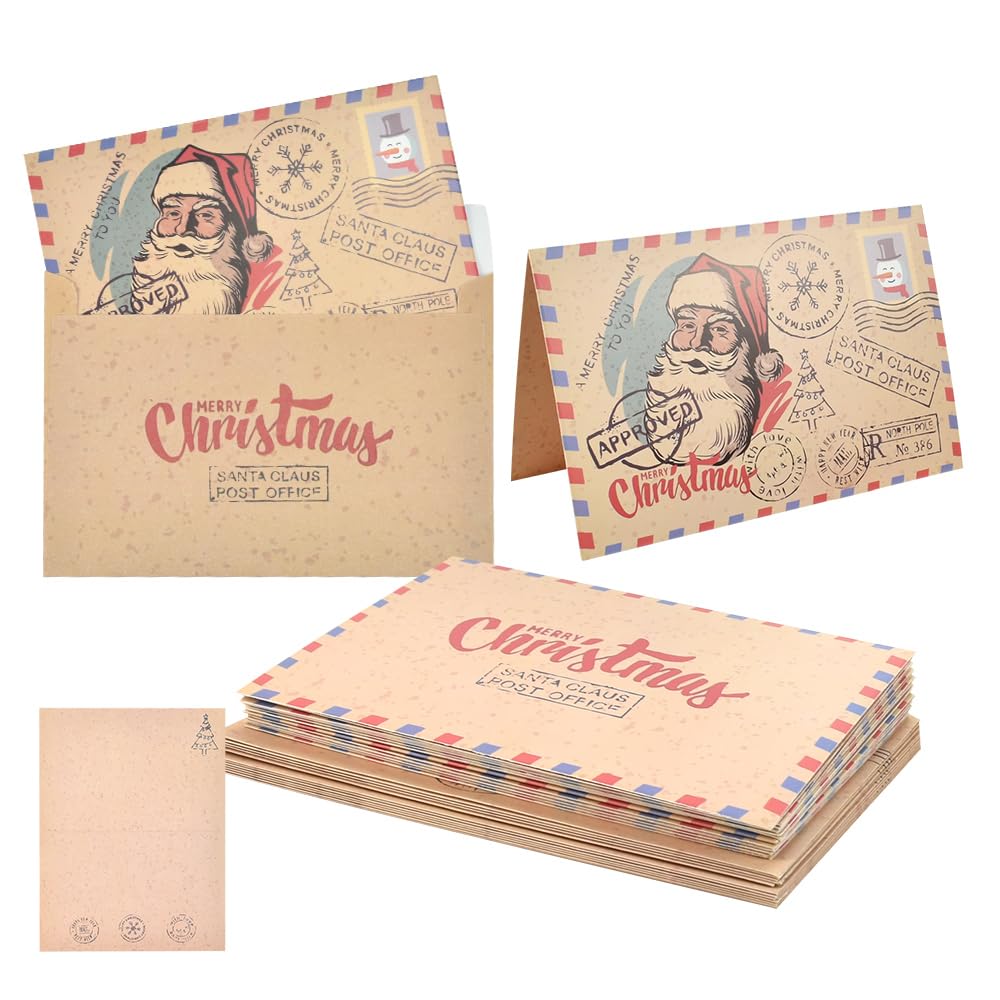 KBNIAN 16 Sets Christmas Greeting Cards, Vintage Christmas Folding Cards with Envelopes Classic Santa Claus Holiday Greeting Cards Kraft Paper Xmas Cards with Blank Inside for Xmas Holiday New Year