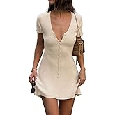 CJXJTIN Women Elegant Y2K Deep V Neck Button Down Knitted Mini Dress Slim Fit Short Sleeve Flowy Going Out Short Dress