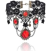 Tgirls Black Necklaces for Halloween Gothic Lace Choker Red Crystal Necklace Steampunk Lace Choker Necklace Costumes Party Accessories