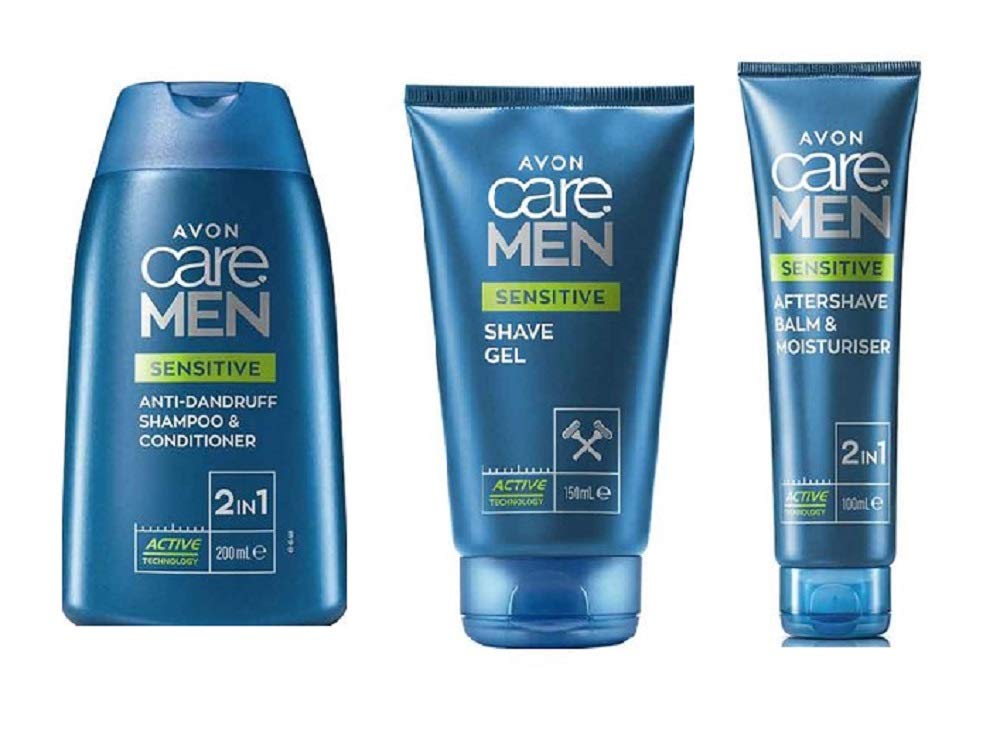 Pack of 3 Avon Care Sensitive Shower & Shave Set for Men 2in1 Anti dandruff shampoo and Conditioner 200ml sensitive shave gel 150ml sensitive After Shave balm 100ml