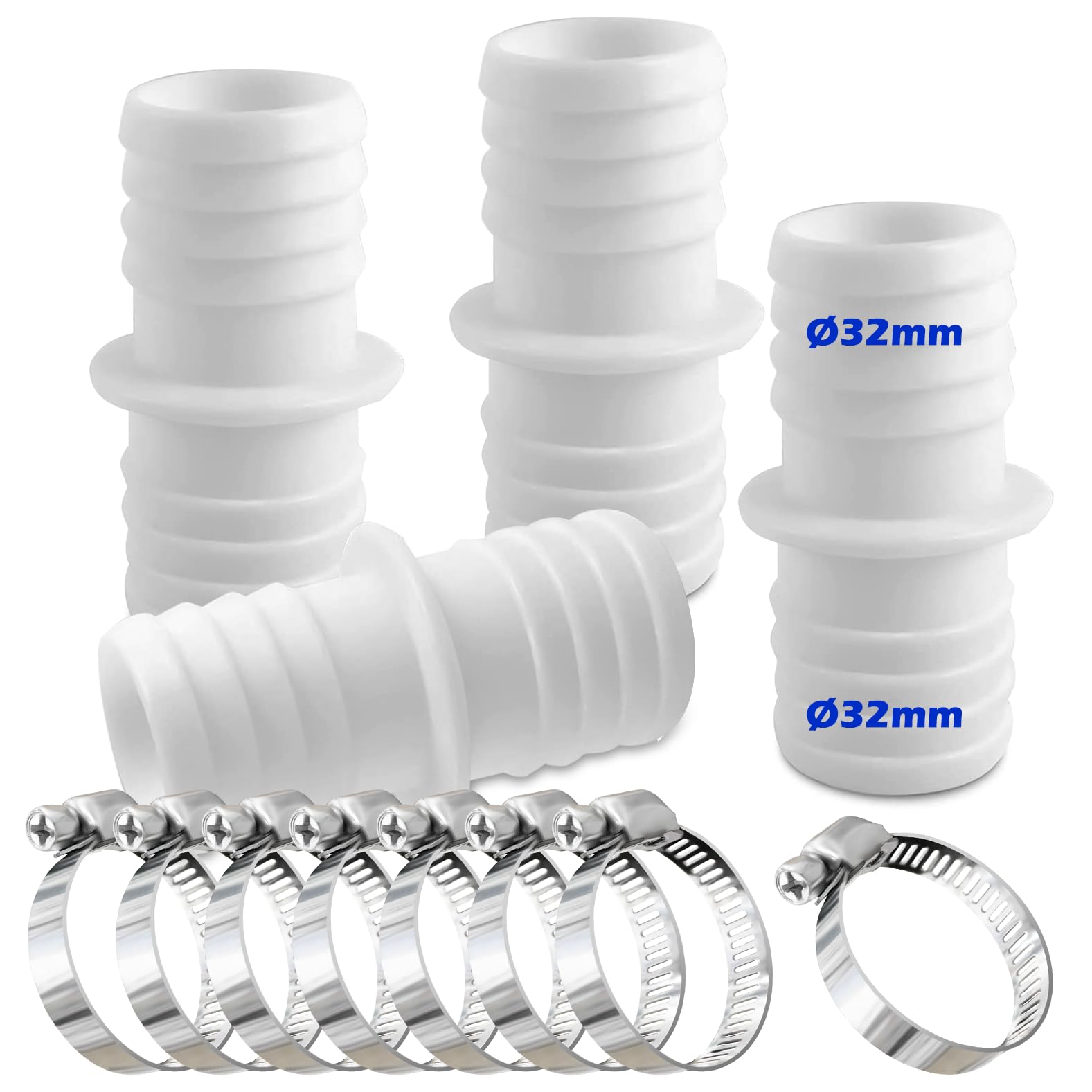 Rhsemi 4pcs Hose Connector 32 mm Set with 8 Hose Clamp Pool Hose Adapter Hose Adapter Double Hose Nozzle (White)