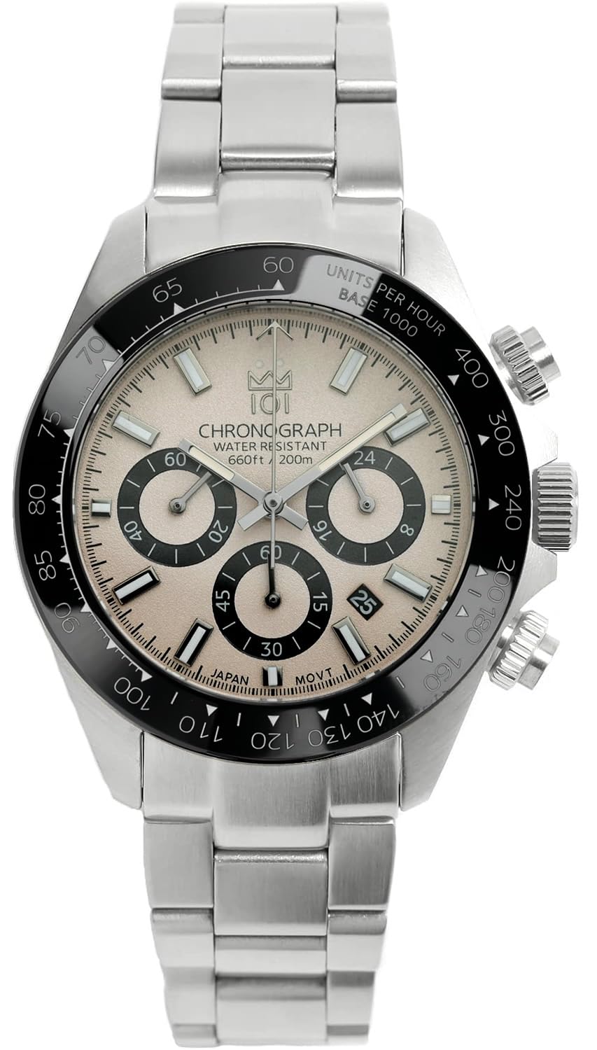 HYAKUICHI 101 Hyakuichi Diver's Chronograph Watch Men's Watch 20 ATM Water Resistant Date Quartz Ceramic Bezel Ivory IV, Ivory, Classic