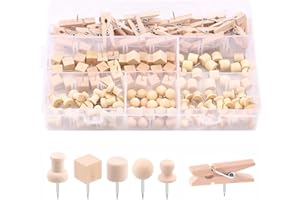 135 Pcs Push Pins for Cork Board, 6 Types Wooden Push Pins Thumb Tacks Clips Wood Thumbtacks with Storage Box for Corkboard B