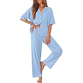 Ekouaer Women Pajamas Set Button Down Sleepwear Short Sleeve Pjs Soft Comfy Nightwear with Long Pants S-XXL