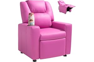 VEVOR Kids Recliner, Toddler Recliner with Cup Holder, 101° to 121° Adjustable Backrest, Push Back PU Leather Kids Reclining Chair Couch with Footrest & 90 lbs Load, Ideal for Child Ages 1-6, Pink