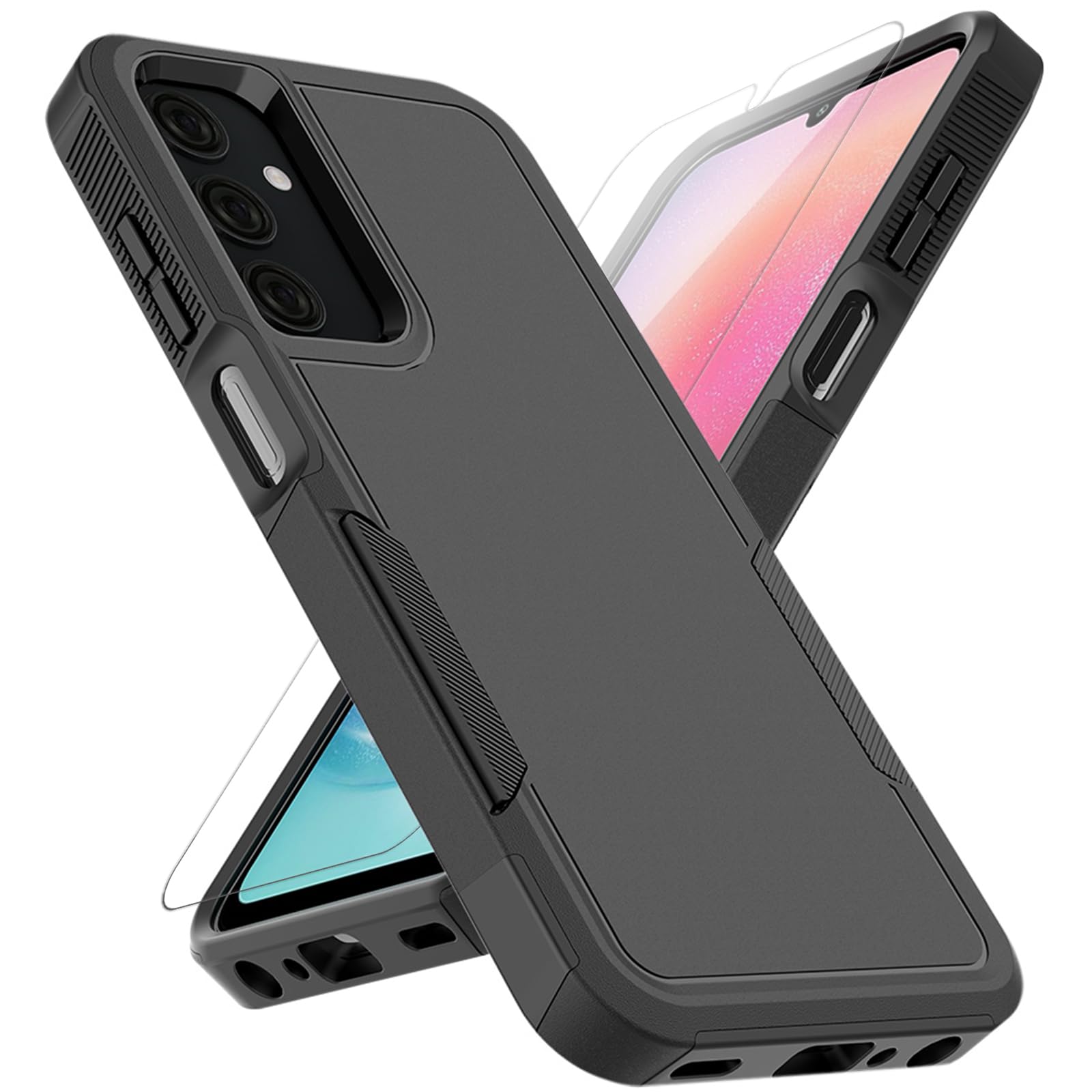 for Samsung Galaxy A25 5G Case: Dual Layer Protective Heavy Duty Cell Phone Cover Shockproof Rugged with HD Screen Protector - Military Protection Bumper Tough - Samsung Galaxy A25 5G 2024, Black