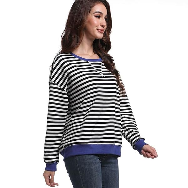 MARS GUARD WOMEN STRIPED SWEATSHIRTS COLOR BLOCK CREWNECK OVERSIZED LONG SLEEVE CLASSIC PULLOVER CASUAL LOOSE SHIRT Y2K TOP BLACK/WHITE