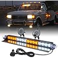 Xprite Windshield Dash Strobe Light Bar Aluminum w/Suction Cups, White&Amber LED Deck Hazard Warning Flashing Traffic Advisor Lights for Emergency Construction Vehicles POV Trucks EMS Snowplow