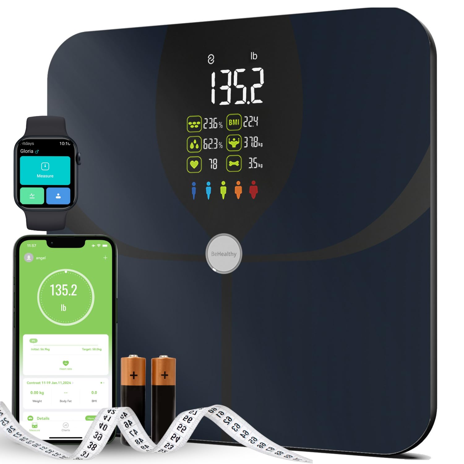Photo 1 of BeHealthy - Body Fat Smart Bluetooth Scale, 16 Body Composition Analyzer, Smart Scale with BMI, Fat Percentage, Muscle Mass, Large LCD,Syncs with iOS/Android Fitness Apps, 400 lbs Capacity - Dark Blue