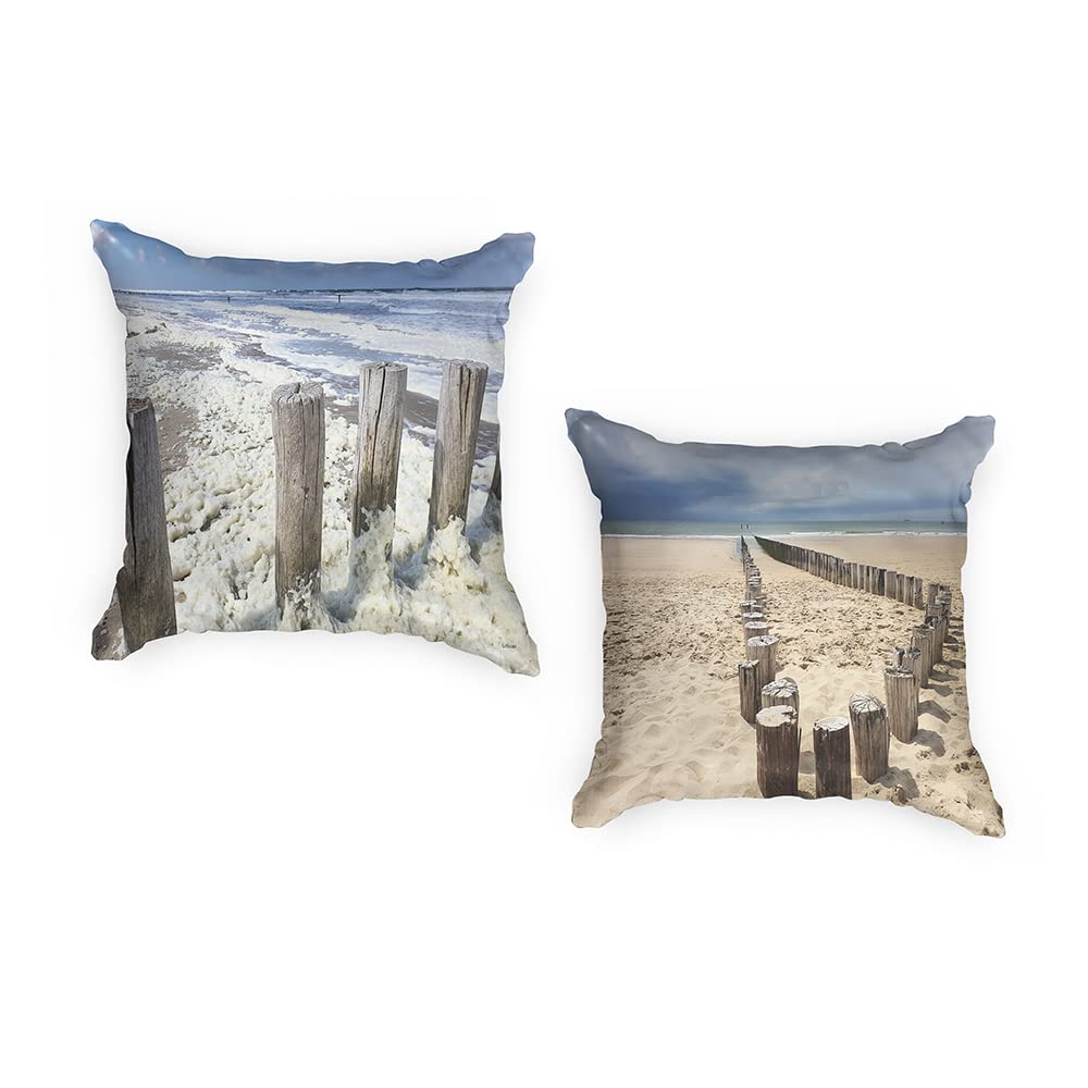 Ulticool - Cushion Cover - Beach Coast Netherlands - Set of 2 Designs Outdoor Cushions - Waterproof - 2 Outdoor Garden Cushions Without Filling - 45x45 cm - Garden Cushion Cover - Blue White