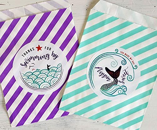 Mermaid birthday party bags - 18 small mermaid birthday favor bags - purple and turquoise striped - with 18 coordinating mermaid stickers You made my day flippin' sweet and Thanks for swimming by